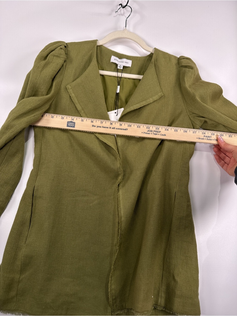 Something Navy Puff Shoulder Blazer Raw Hem Linen Cotton Blend Green Small - Picture 14 of 14
